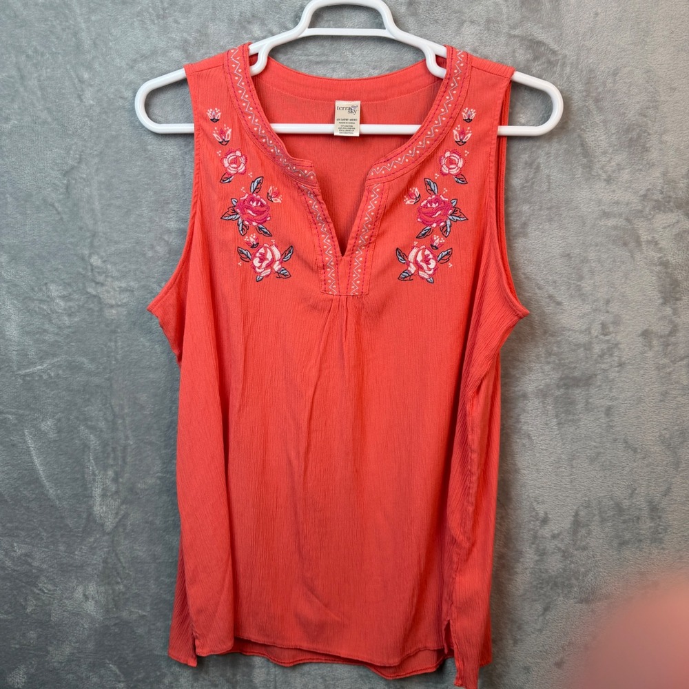 Terra &‎ Sky Tank Top Womens 1X Coral Floral Embroidered Split Neck Gauze Boho